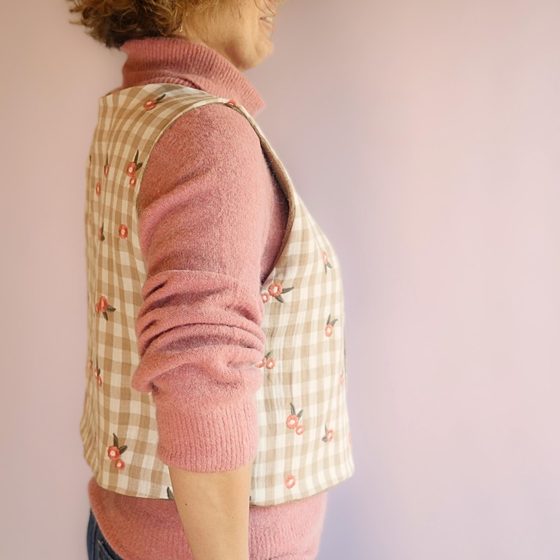 Side view of Women’s reversible vest made with PDF pattern great as spring sewing project