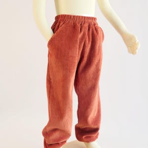 K&ouml;nnte beinhalten: Rostfarbene Cordhose mit elastischem Bund und Seitentaschen. Die Hose wird auf einer Schaufensterpuppe pr&auml;sentiert, die den l&auml;ssigen Stil und die Textur des Stoffes zeigt. Die Hose hat einen warmen, erdigen Farbton.