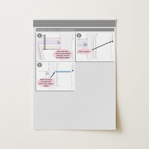 Puede incluir: Un diagrama titulado "Impresi&oacute;n con capas (Acrobat Reader)" muestra los pasos para imprimir un archivo PDF. Los pasos incluyen abrir el archivo, hacer clic en capas y seleccionar los tama&ntilde;os para imprimir. El fondo es blanco con l&iacute;neas diagonales grises.
