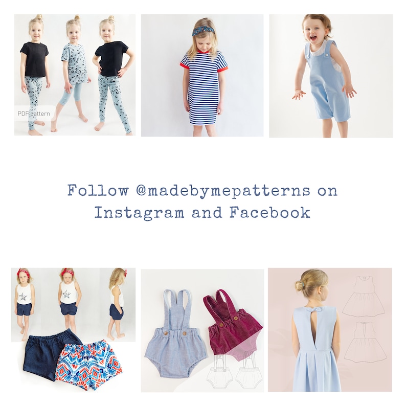 May include: A collage of images showcasing children's clothing patterns. The top row features three girls wearing different outfits, including a black and white striped dress, a blue overall dress, and a black t-shirt with leopard print leggings. The middle row features the text "Follow @madebymepatterns on Instagram and Facebook". The bottom row features three girls wearing different outfits, including a blue denim overall dress, a red corduroy overall dress, and a light blue dress with a keyhole back.