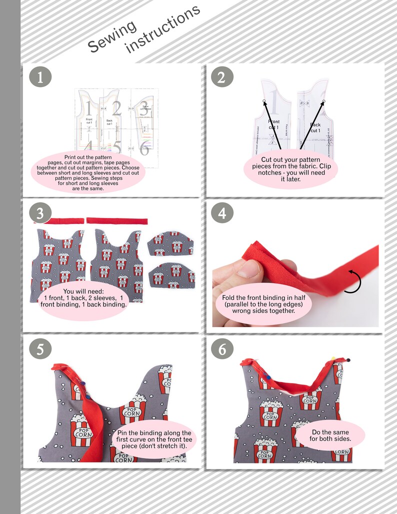 Puede incluir: Instrucciones de costura para una camiseta sin mangas con tem&aacute;tica de palomitas de ma&iacute;z. Las instrucciones incluyen cortar las piezas del patr&oacute;n, sujetar las muescas, doblar el bies por la mitad y sujetar el bies a lo largo de la primera curva de la parte delantera de la camiseta.