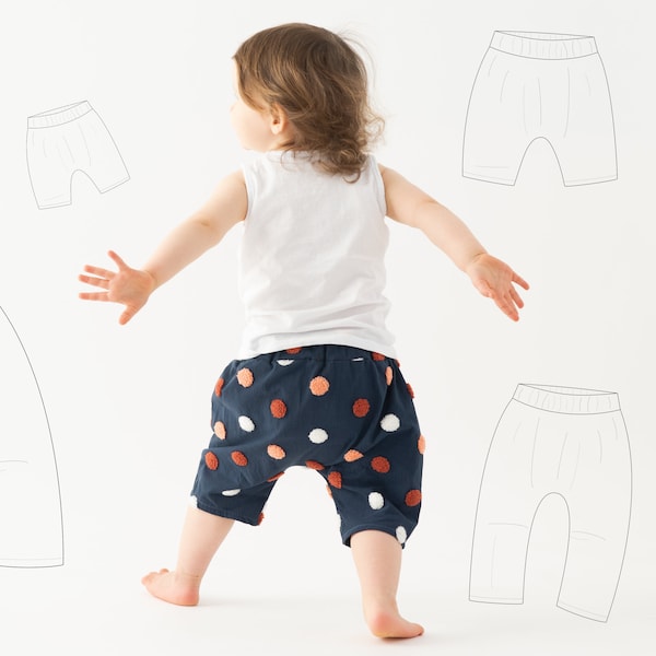 Modèle de pantalons et shorts baggy mignons et confortables, modèle de couture de sarouel PDF, tailles 1 mois à 10 ans