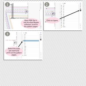 May include: A three-step guide on how to print a PDF file with layers. The first step shows a PDF file with multiple layers of a pattern. The second step shows how to click on the layers in the PDF file. The third step shows how to select the size you want and print out the pattern pages.