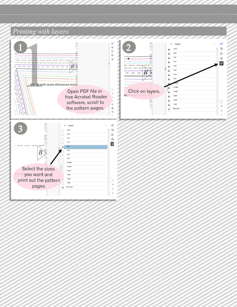May include: A three-step guide on how to print a PDF file with layers. The first step shows a PDF file with multiple layers of a pattern. The second step shows how to click on the layers in the PDF file. The third step shows how to select the size you want and print out the pattern pages.