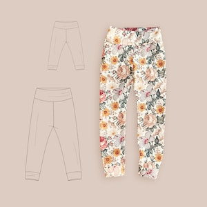May include: A pair of leggings featuring a cream background with a floral pattern of orange, pink, and dark green flowers. To the left, two line-art sketches of leggings are shown, one smaller than the other, illustrating the design.