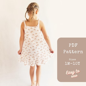 Patrón de vestido fácil para niñas: patrón de costura en PDF para bebés, niños pequeños y niñas. Vestido de verano ideal para principiantes. Proyecto DIY fácil de coser.