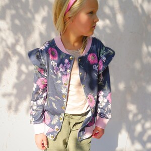 Frill sleeve detail on girls bomber jacket – sewing pattern PDF