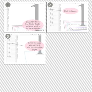 Puede incluir: Una gu&iacute;a de tres pasos sobre c&oacute;mo imprimir un archivo PDF con capas. El primer paso muestra un archivo PDF abierto en Adobe Reader con el texto "Abrir el archivo PDF en el software gratuito Adobe Reader, desplazarse hasta las p&aacute;ginas del patr&oacute;n." El segundo paso muestra un primer plano del panel de capas con el texto "Haga clic en las capas." El tercer paso muestra un primer plano del panel de capas con el texto "Seleccione los tama&ntilde;os que desea e imprima las p&aacute;ginas del patr&oacute;n."