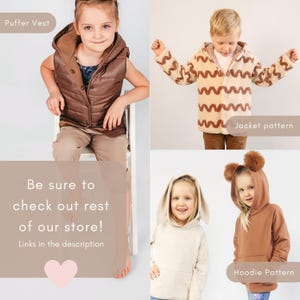 May include: A collage of children's clothing items. Includes a brown puffer vest, a jacket with a wavy pattern, a bunny-eared hoodie, and a bear-eared hoodie. Text on the image reads "Puffer Vest", "Jacket pattern", and "Hoodie Pattern".
