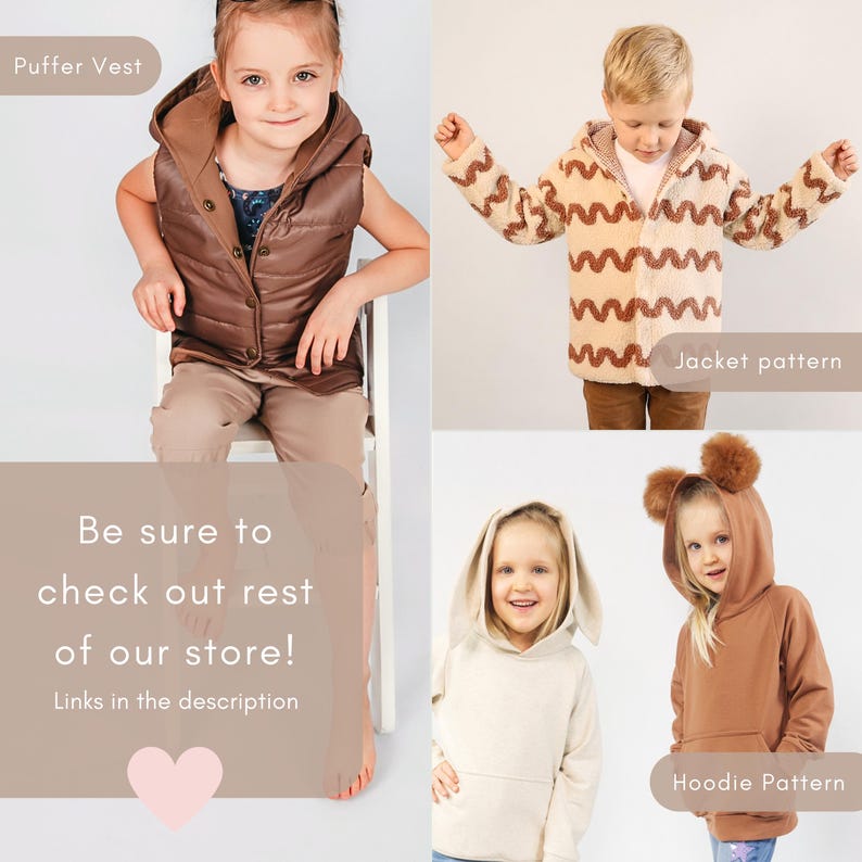 May include: A collage of children's clothing items. Includes a brown puffer vest, a jacket with a wavy pattern, a bunny-eared hoodie, and a bear-eared hoodie. Text on the image reads "Puffer Vest", "Jacket pattern", and "Hoodie Pattern".