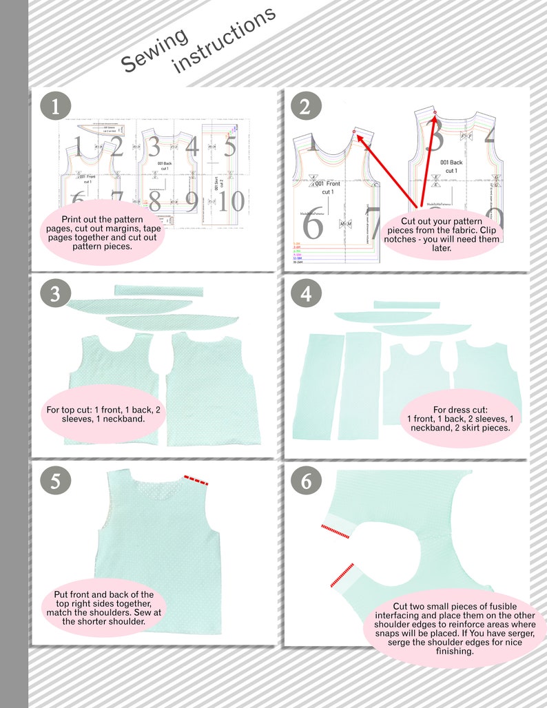 May include: Sewing instructions for a sleeveless top with a dotted pattern. The instructions include cutting out the pattern pieces, sewing the front and back together, and finishing the shoulder seams.