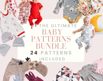 Baby Sewing Patterns Bundle - 24 PDF Patterns for Beginners: rompers, pants, dresses, shorts, hats, headbands