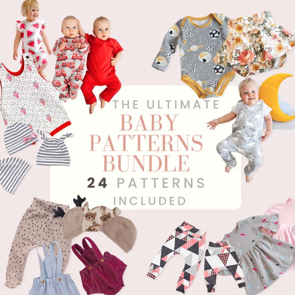 Baby Sewing Patterns Bundle - 24 PDF Patterns for Beginners: rompers, pants, dresses, shorts, hats, headbands