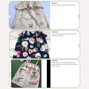 May include: Three floral print dresses with ruffled necklines. One dress is cream-colored with small pink and green flowers. Another is navy blue with large pink and white flowers. The third is light pink with green leaves.