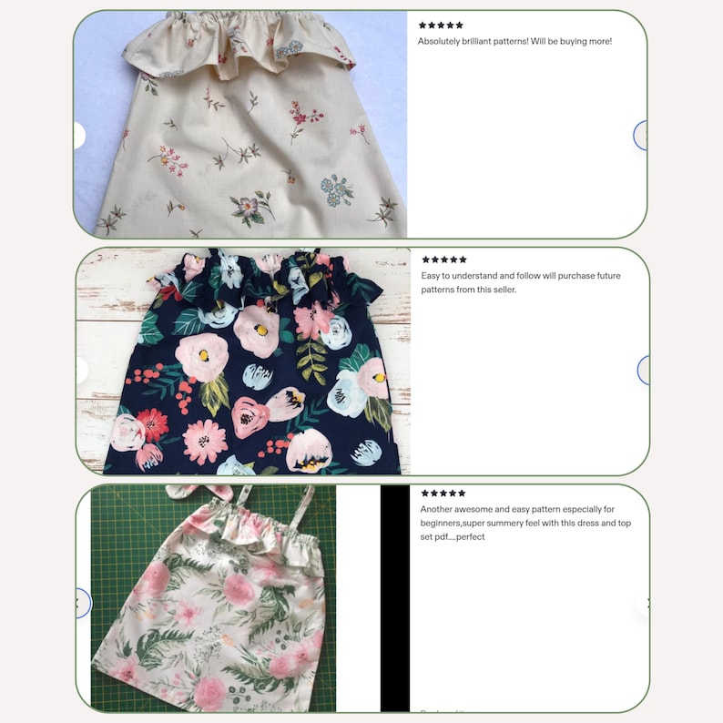 May include: Three floral print dresses with ruffled necklines. One dress is cream-colored with small pink and green flowers. Another is navy blue with large pink and white flowers. The third is light pink with green leaves.