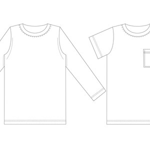 May include: Two white t-shirts, one with long sleeves and one with short sleeves. The short-sleeved t-shirt has a pocket on the left side.