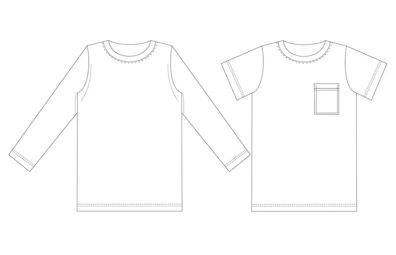 May include: Two white t-shirts, one with long sleeves and one with short sleeves. The short-sleeved t-shirt has a pocket on the left side.