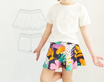 Patrón de falda pantalón fácil para niñas con shorts incorporados Patrón de falda de baile para niñas pequeñas Proyecto Aprende a coser Ideas de atuendos deportivos Faldas de tenis