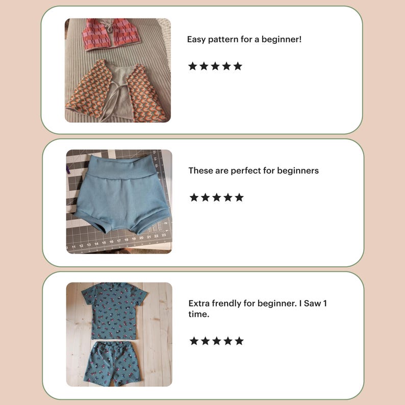 Puede incluir: La imagen presenta tres proyectos de costura. Un chaleco con un estampado rosa y marr&oacute;n, un par de pantalones cortos azules y un conjunto a juego de camiseta y pantalones cortos con fondo azul y estampado. Texto: '&iexcl;Patr&oacute;n f&aacute;cil para principiantes!'