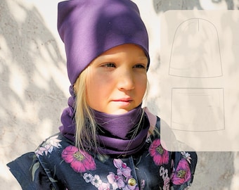 May include: A solid dark purple beanie hat and a matching neck warmer. The set is displayed alongside a simple line drawing illustration showing the basic shape and construction of the beanie and the neck warmer as separate pieces.