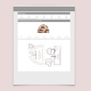 May include: A sewing pattern for a baby hat featuring a size chart with head circumference measurements from 15 to 18.9 inches and finished garment measurements from 6.3 to 8.3 inches, including printed templates for cutting fabric pieces.