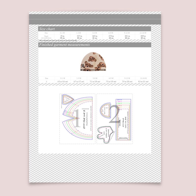 May include: A sewing pattern for a baby hat featuring a size chart with head circumference measurements from 15 to 18.9 inches and finished garment measurements from 6.3 to 8.3 inches, including printed templates for cutting fabric pieces.