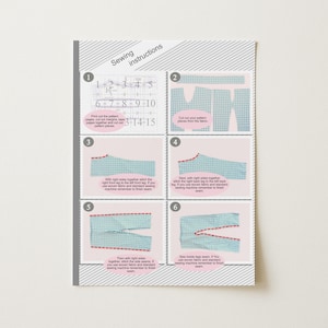 May include: A page of sewing instructions with numbered steps. The instructions include diagrams of fabric pieces and sewing techniques. The text reads "Sewing instructions" at the top. The fabric pieces are light blue and white checkered.