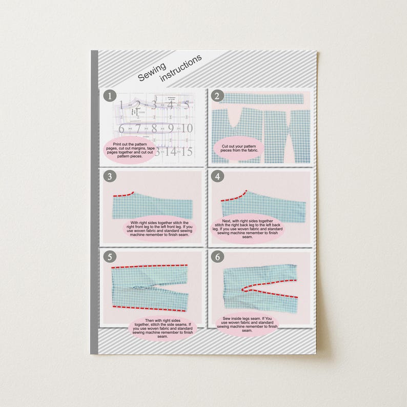 May include: A page of sewing instructions with numbered steps. The instructions include diagrams of fabric pieces and sewing techniques. The text reads "Sewing instructions" at the top. The fabric pieces are light blue and white checkered.