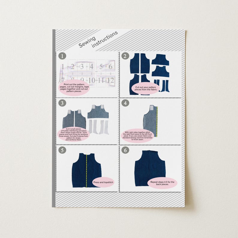 May include: A printed sewing instruction sheet with numbered steps and diagrams. The title "Sewing instructions" is at the top. The steps show how to cut fabric pieces and assemble them. The sheet has a gray and white striped background.