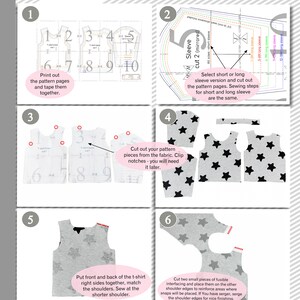 May include: Sewing instructions for a gray t-shirt with black star print. The instructions include printing, cutting, and sewing steps. The image shows the pattern pieces, fabric, and finished product.