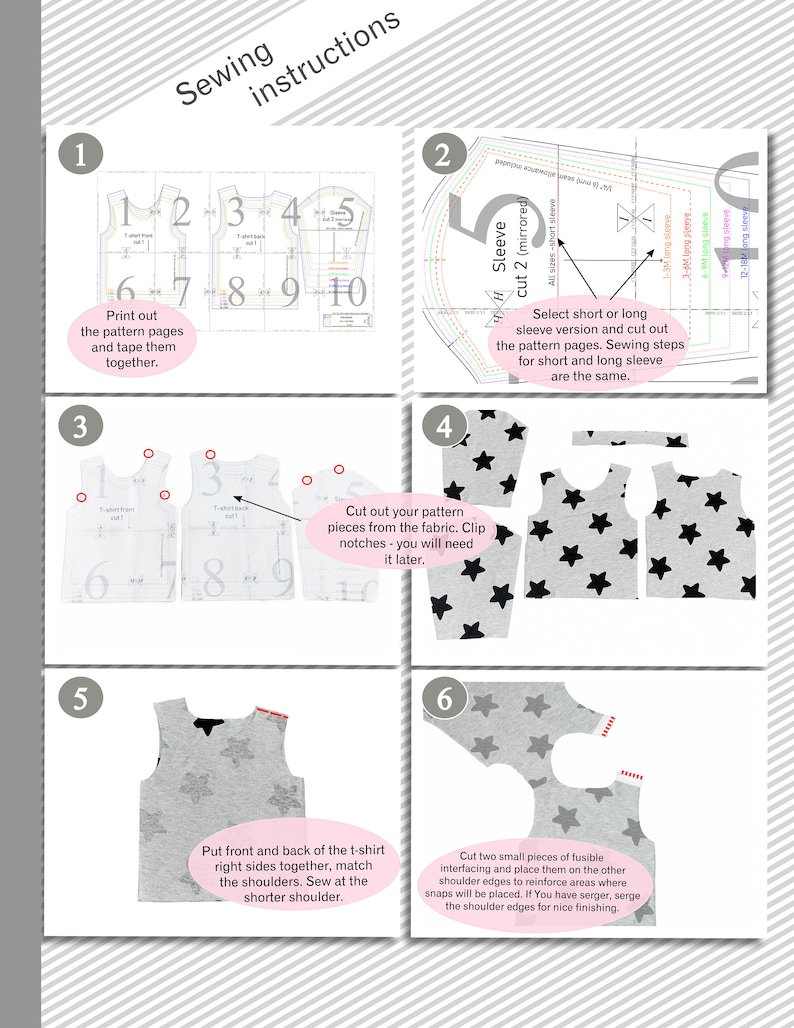 May include: Sewing instructions for a gray t-shirt with black star print. The instructions include printing, cutting, and sewing steps. The image shows the pattern pieces, fabric, and finished product.