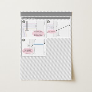 May include: A diagram titled "Printing with layers" shows steps for printing a PDF file. The steps include opening the file in Acrobat Reader, clicking on layers, and selecting sizes to print. The background is white with diagonal grey lines.