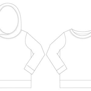 May include: Two long-sleeved shirts, one with a hood and one without. Both shirts have a crew neck and long sleeves.