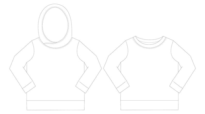 May include: Two long-sleeved shirts, one with a hood and one without. Both shirts have a crew neck and long sleeves.