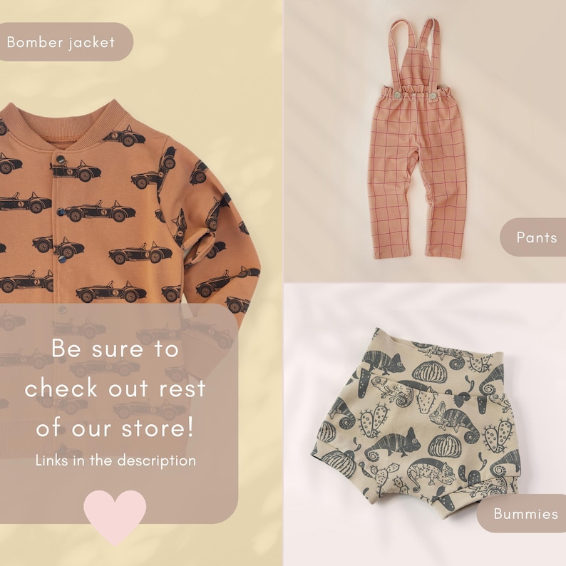 May include: A tan bomber jacket with a black vintage car print, tan overalls with a dark grid pattern, and tan shorts with a black chameleon and cactus print. The image includes text labels for bomber jacket, pants, and bummies.