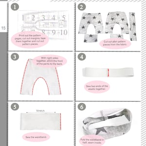 Op de afbeelding: Naai-instructies voor een grijze broek met witte sterren. De instructies omvatten het afdrukken van het patroon, het knippen van de stof, het naaien van de voor- en achterkant van de broek, het naaien van de elastische tailleband en het vouwen van de tailleband in twee&euml;n.