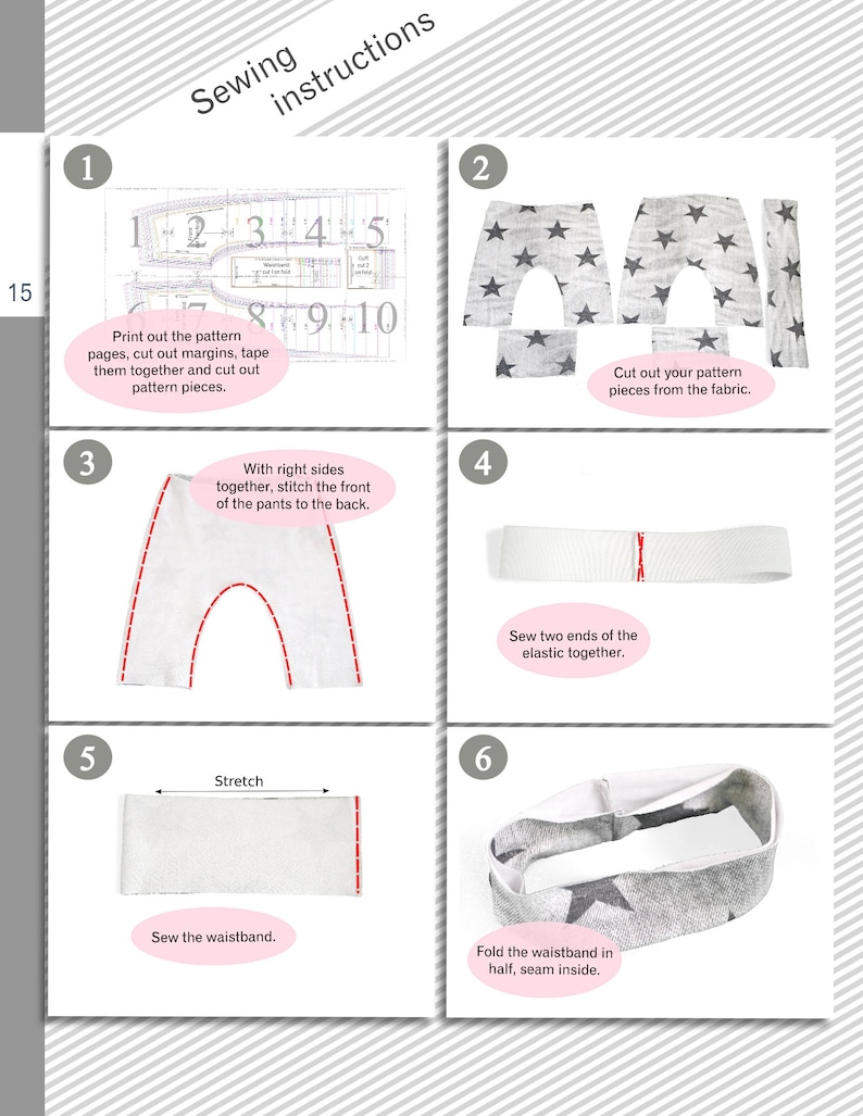 Op de afbeelding: Naai-instructies voor een grijze broek met witte sterren. De instructies omvatten het afdrukken van het patroon, het knippen van de stof, het naaien van de voor- en achterkant van de broek, het naaien van de elastische tailleband en het vouwen van de tailleband in twee&euml;n.