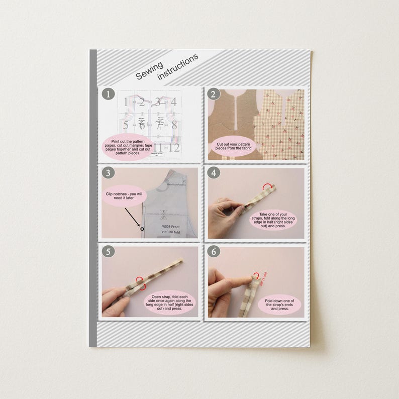 May include: A guide to sewing, featuring numbered steps with images. Instructions include cutting pattern pieces, clipping notches, and folding straps. The text "Sewing instructions" is at the top of the page.