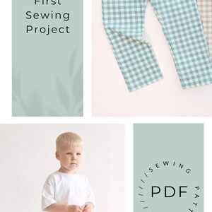 May include: Blue and white gingham pattern pants. The image also shows a child wearing similar pants with a white t-shirt. Text on the image says "Perfect First Sewing Project" and "PDF Pattern".