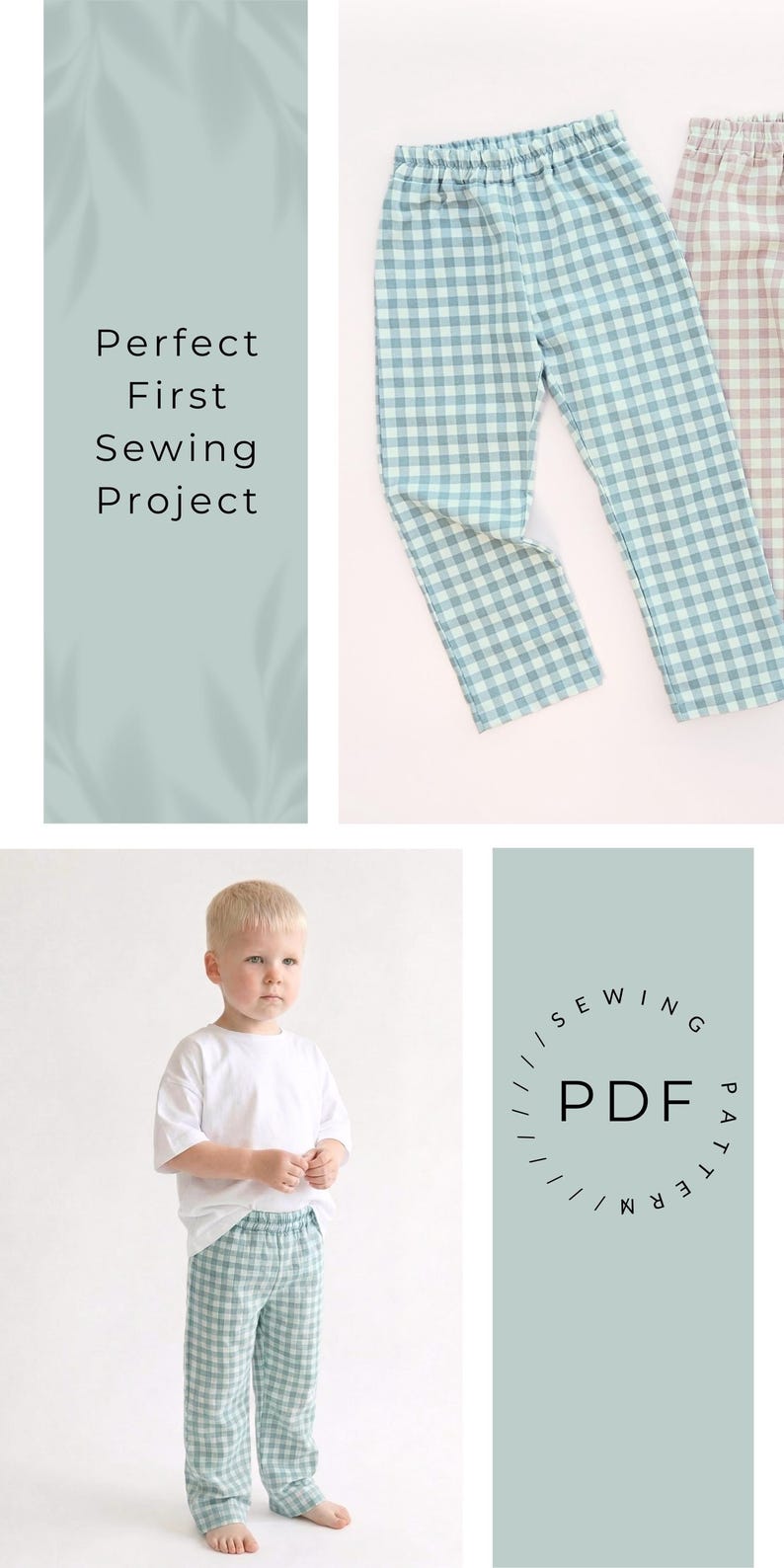 May include: Blue and white gingham pattern pants. The image also shows a child wearing similar pants with a white t-shirt. Text on the image says "Perfect First Sewing Project" and "PDF Pattern".
