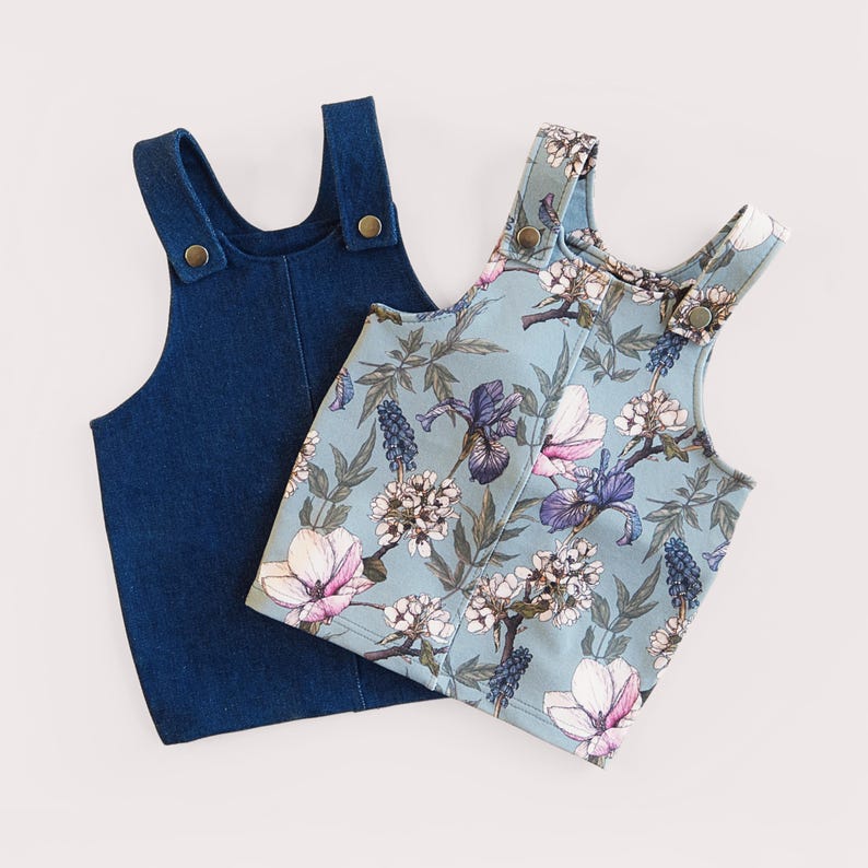 DIY girls dungaree skirt sewn using a kids clothing sewing pattern.