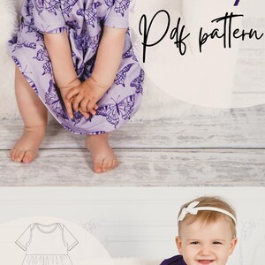 May include: A baby wearing a lavender dress with butterfly patterns, and a white headband. The image also shows a purple long-sleeved dress and dress patterns. Text on the image says "easy Pdf pattern".