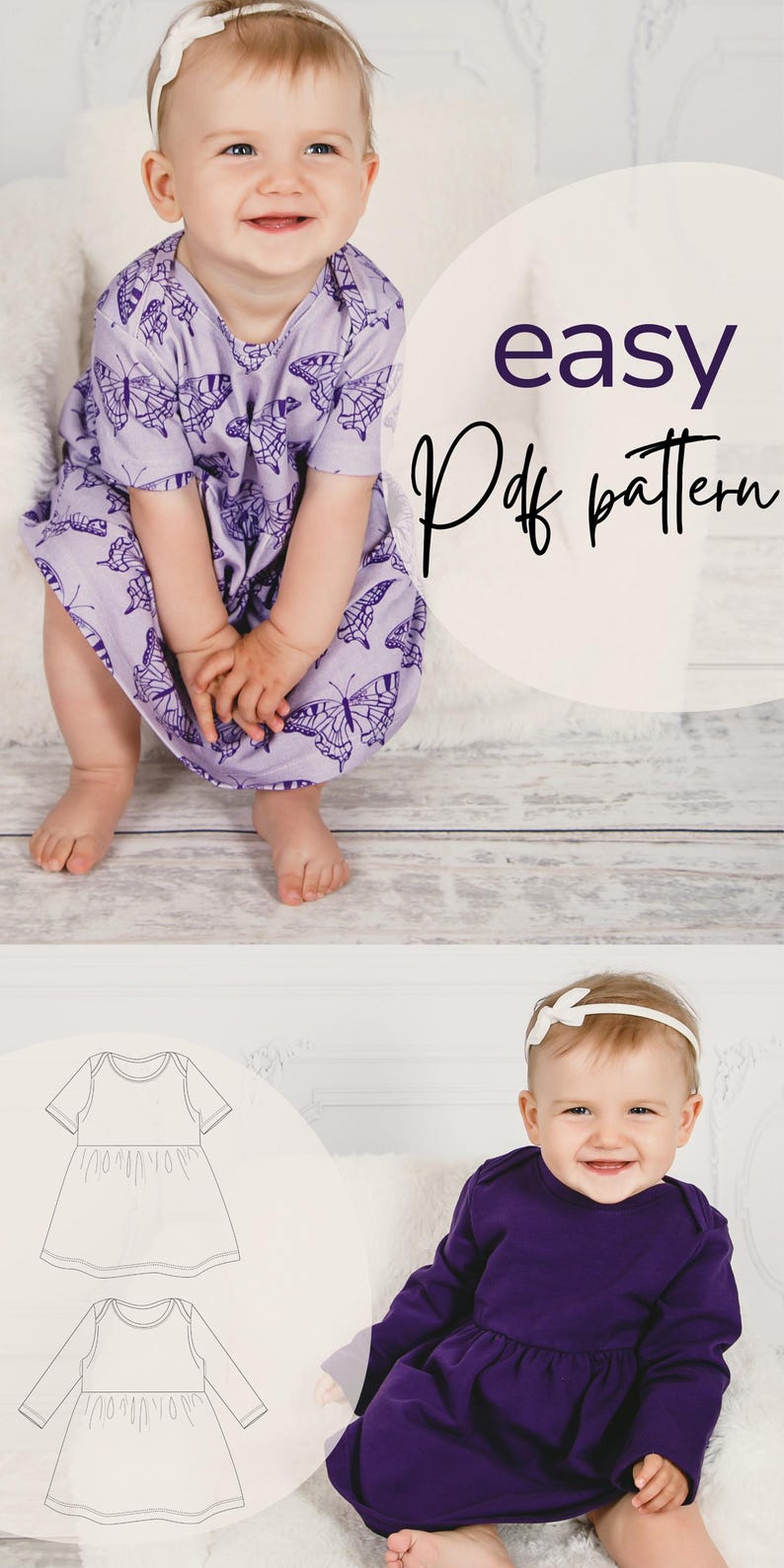 May include: A baby wearing a lavender dress with butterfly patterns, and a white headband. The image also shows a purple long-sleeved dress and dress patterns. Text on the image says "easy Pdf pattern".