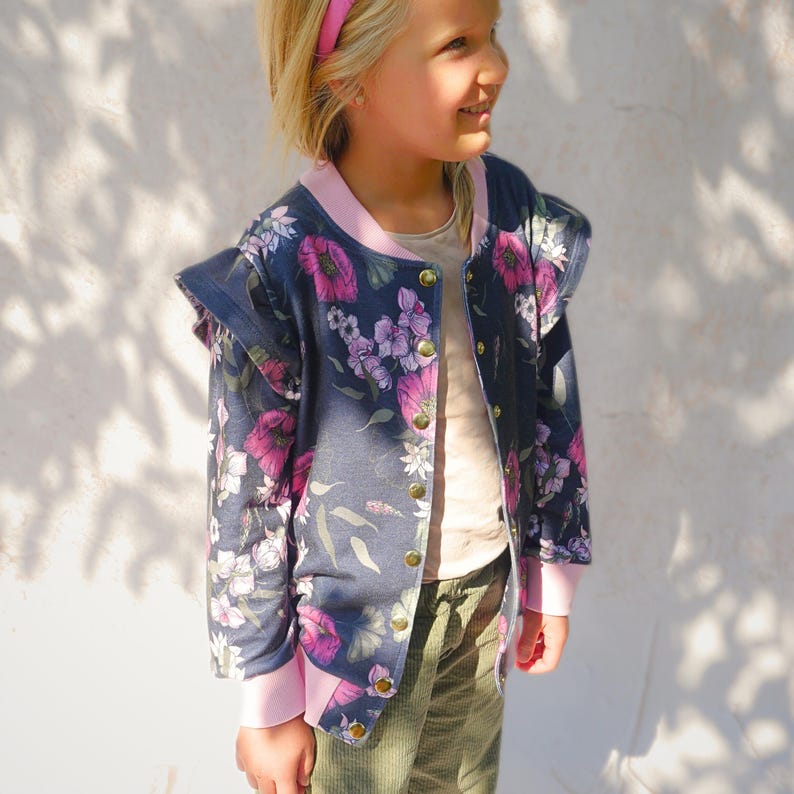 Toddler wearing bomber jacket – beginner DIY printable sewing pattern