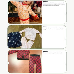 May include: Three sets of long-sleeved pajama tops and matching pants in various patterns, including a peach floral print with red trim, a dark blue space-themed print with white stars, and a red and black plaid pattern with dark green trim.
