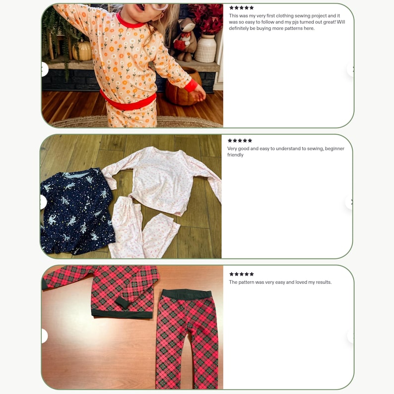May include: Three sets of long-sleeved pajama tops and matching pants in various patterns, including a peach floral print with red trim, a dark blue space-themed print with white stars, and a red and black plaid pattern with dark green trim.