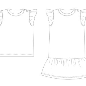 May include: Two white sleeveless shirts with ruffled sleeves. The shirt on the left is a basic t-shirt. The shirt on the right has a ruffled skirt.