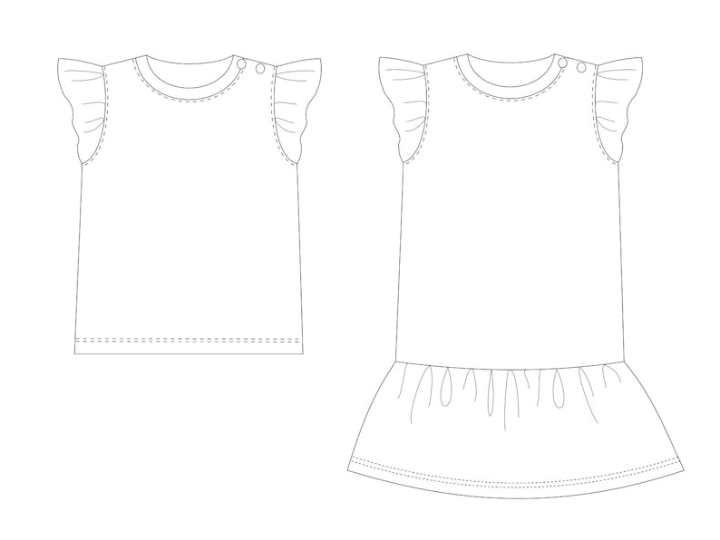 May include: Two white sleeveless shirts with ruffled sleeves. The shirt on the left is a basic t-shirt. The shirt on the right has a ruffled skirt.