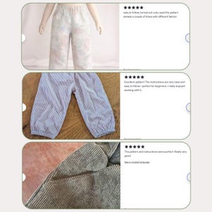 K&ouml;nnte beinhalten: Drei Hosen in verschiedenen Stoffen. Eine Hose ist wei&szlig; mit floralem Muster, eine andere blau-wei&szlig; gestreift und die dritte aus strukturiertem grauem Stoff. Das Bild enth&auml;lt Kundenbewertungen.