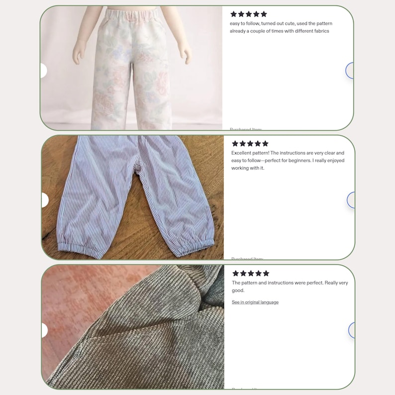K&ouml;nnte beinhalten: Drei Hosen in verschiedenen Stoffen. Eine Hose ist wei&szlig; mit floralem Muster, eine andere blau-wei&szlig; gestreift und die dritte aus strukturiertem grauem Stoff. Das Bild enth&auml;lt Kundenbewertungen.